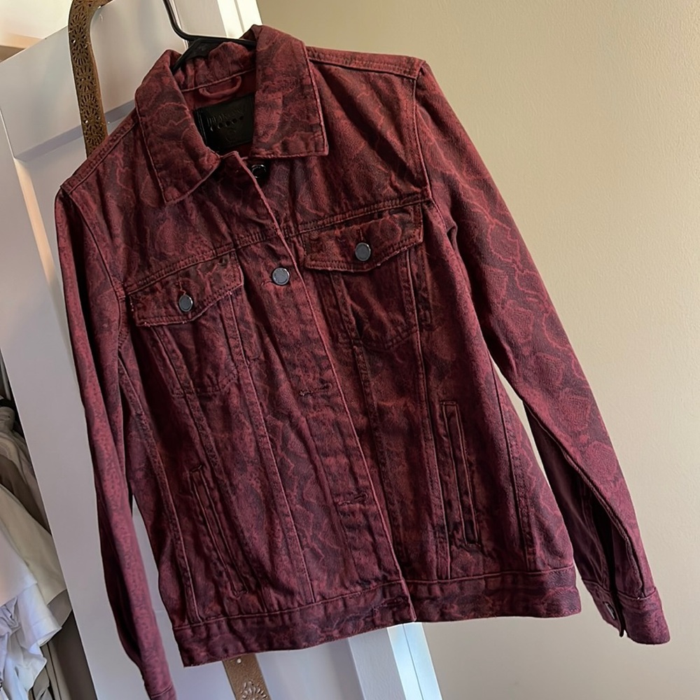 Deep red snakeskin print denim jacket